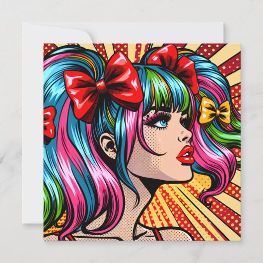Carte Jolie Pop Art Comic Girl with Bows (Devant)