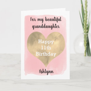 Carte Jolie rose et or 11e anniversaire petite-fille