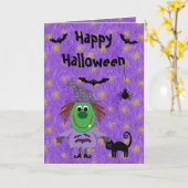 Carte Jolie sorcière, chat, chauves-souris et araignée v (Fleur jaune)