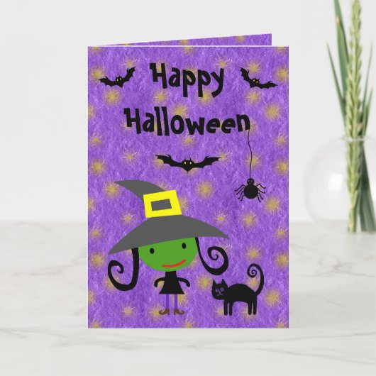 Carte Jolie sorcière, chat, chauves-souris et araignée v (Devant)