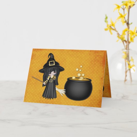 Carte Jolie sorcière d'halloween (Fleur jaune)