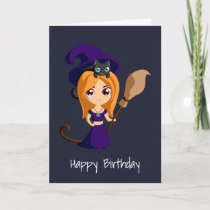 Carte Jolie sorcière en violet Casquette Joyeux annivers