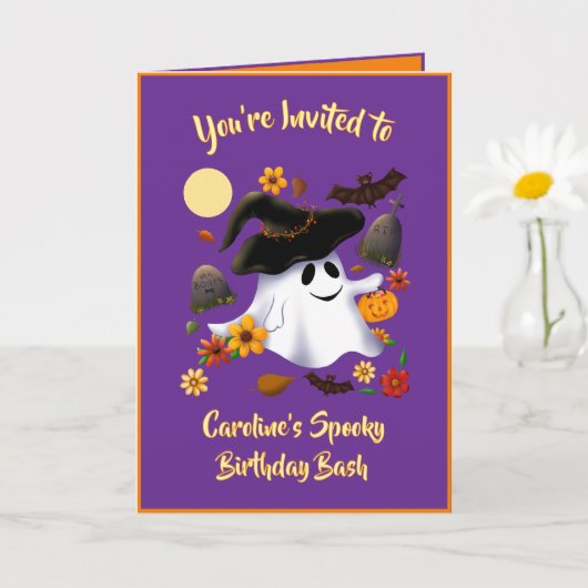 Carte Jolie sorcière fantôme friandise ou farce cimetièr (Petite plante)