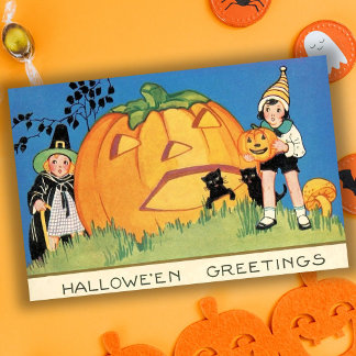 Carte Jolie sorcière vintage et citrouille d'Halloween
