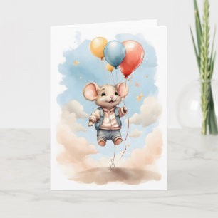 Carte Jolie souris aquarelle flottant avec des ballons V