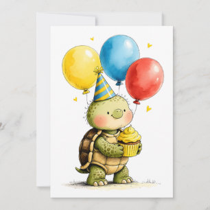 Carte Jolie Tortue avec Gâteau d'Anniversaire Enfant Pla