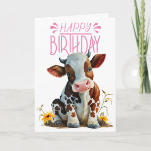 Carte Jolie vache Anniversaire fille rose