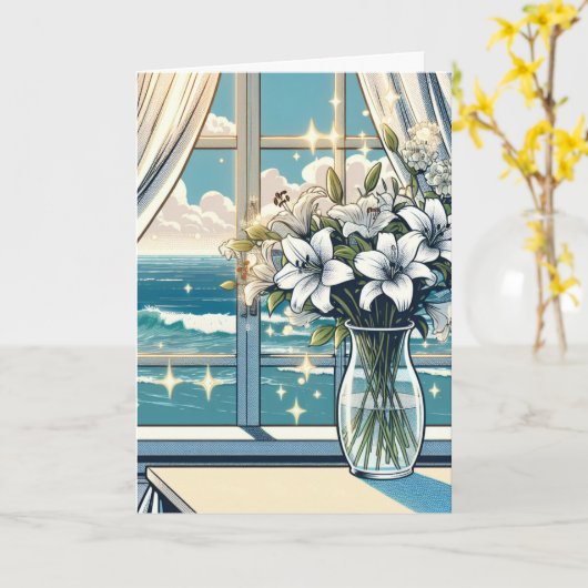 Carte Jolie vue sur l'océan et Vase des fleurs Anniversa (Fleur jaune)