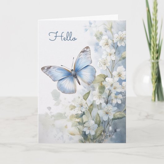 Carte Jolies fleurs blanches et papillon bleu Bonjour (Devant)