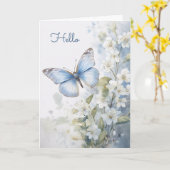 Carte Jolies fleurs blanches et papillon bleu Bonjour (Fleur jaune)