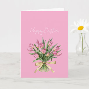 Carte Jolies Fleurs de Tulipe Roses Ruban Doré Pâques