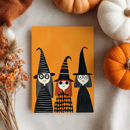 Carte Jolies sorcières caricaturales avec nom Halloween 