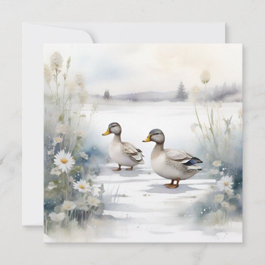 Carte Jolis canards à l'aquarelle et marguerites blanc (Devant)