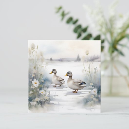 Carte Jolis canards à l'aquarelle et marguerites vierge (Debout devant)