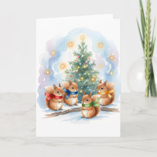 Carte Jolis écureuils chantant des chants de Noël aquare