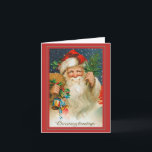 Carte Jolly Vintage Père Noël avec jouets Noël<br><div class="desc">Cette carte de Noël vintage a une clause de Père Noël ornée avec un sac plein de jouets. L'intérieur a des modèles pour vous de customiser et de créer vos propres salutations. Tous les articles sont remplis par Zazzle et sont 100% satisfaction garantie. Pour toute question concernant la commande et...</div>
