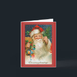 Carte Jolly Vintage Père Noël avec jouets Noël<br><div class="desc">Cette carte de Noël vintage a une clause de Père Noël ornée avec un sac plein de jouets. L'intérieur a des modèles pour vous de customiser et de créer vos propres salutations. Tous les articles sont remplis par Zazzle et sont 100% satisfaction garantie. Pour toute question concernant la commande et...</div>