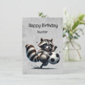 Carte Joueur de soccer mignon Raccoon personnalisé Anniv (Debout devant)