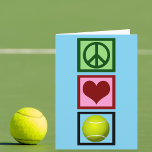 Carte Joueur de tennis Peace Love Anniversaire<br><div class="desc">Un signe de paix,  un coeur,  et un ballon de tennis sur une carte bleue mignonne pour un joueur de tennis le jour de leur anniversaire. Customisez avec votre propre message d'anniversaire ou tout autre texte à l'intérieur.</div>