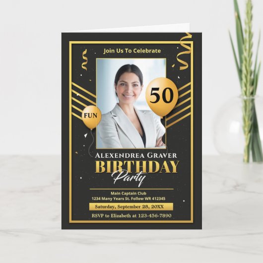 Carte Jour d'anniversaire moderne Gold Black 50th Photo  (Devant)