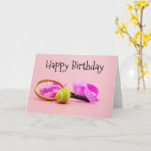 Carte Jour de balle de tennis avec raquette anniversaire (Fleur jaune)