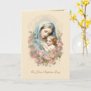 Carte Jour de baptême catholique Mère et enfant floraux