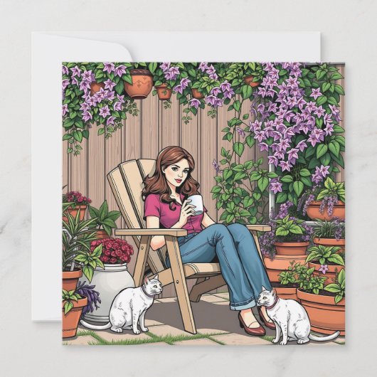 Carte Jour de détente | Femmes avec café, chats et Plant (Devant)