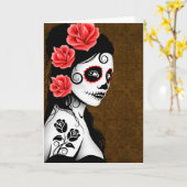 Carte Jour de la fille crâne de sucre mort - marron (Fleur jaune)