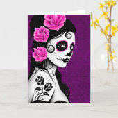Carte Jour de la fille crâne de sucre mort - violet (Fleur jaune)