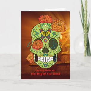 Carte Jour de la mort pour soeur crâne et fleurs de sucr