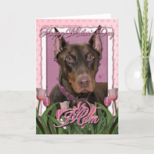 Carte Jour de mères - tulipes roses - dobermann - rouge