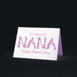 Carte Jour des mères de l'orchidée de couleur d'eau Nana<br><div class="desc">Jolie carte d'aquarelle en texte Nana, les mots Nana peints en violet et tordus avec des fleurs d'orchidées roses douces. Cette carte blanche peut être customisée avec votre propre message et votre choix de salutation à l'intérieur, ce design est également disponible sur d'autres produits. Actuellement lit dehors, à une très...</div>