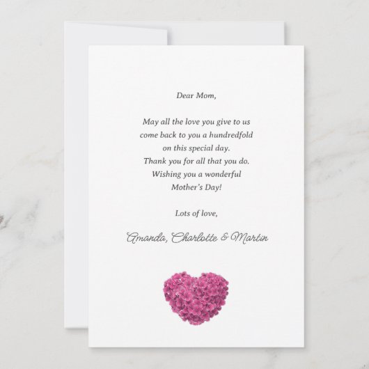 Carte Jour des mères joyeuse rose douce Hydrangea Floral (Dos)