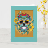 Carte Jour des Morts Sarcelle et Souci Crâne et Fleur (Fleur jaune)