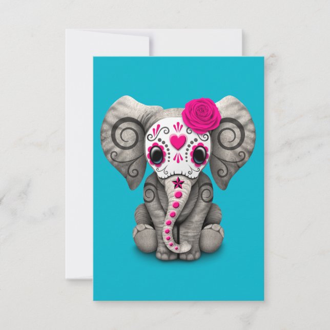 Carte Jour rose de la mort crâne de sucre bébé éléphant  (Devant)