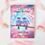 Carte Jovely Step Mother Fluffy Bluebirds Anniversaire<br><div class="desc">Cette carte d'anniversaire unique pour votre Step Mother présente des oeuvres d'IA de chansons adorables roses et bleues, perchées sur une délicate branche d'arbre en fleurs de cerisier. Ce design charmant est captivant visuellement et incroyablement polyvalent, parfait pour célébrer les anniversaires, la fête des mères, des notes de remerciement, ou...</div>