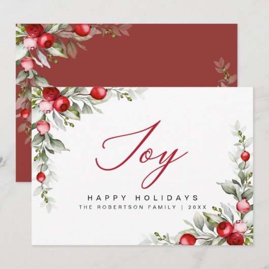 Carte Joy Happy Holidays Botanical Berry Greeting Card (Devant / Derrière)