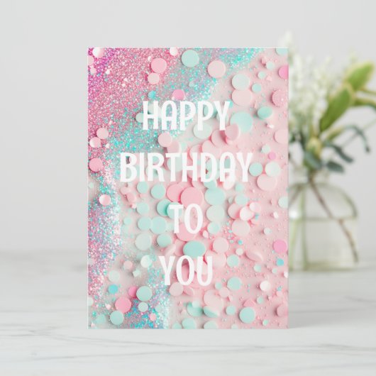 Carte joyanniversaire pastel pailleté confettis (Debout devant)
