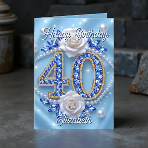 Carte Joyaux et perles bleus élégants 40e anniversaire