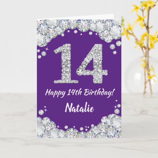 Carte Joyeuse 14e anniversaire Parties scintillant viole (Fleur jaune)