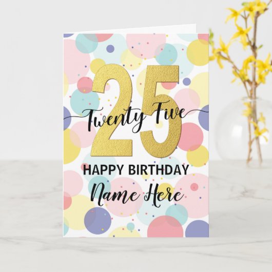 Carte Joyeuse 25e anniversaire Pastel Rainbow Gold Woman (Fleur jaune)