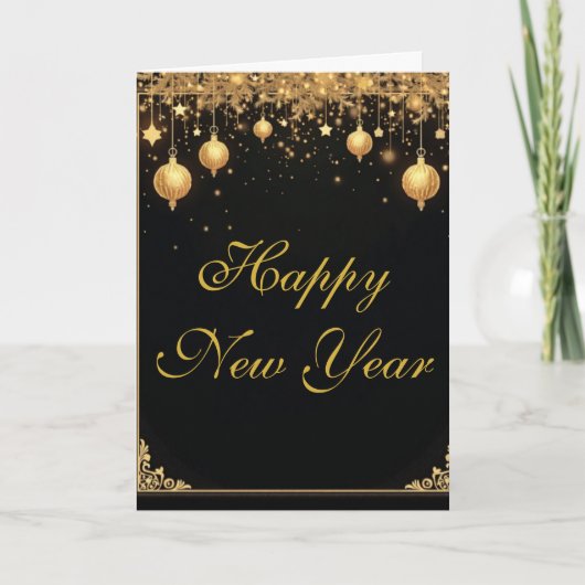 Carte Joyeuse Année Élégante Noir & Or (Devant)