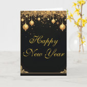 Carte Joyeuse Année Élégante Noir & Or (Fleur jaune)