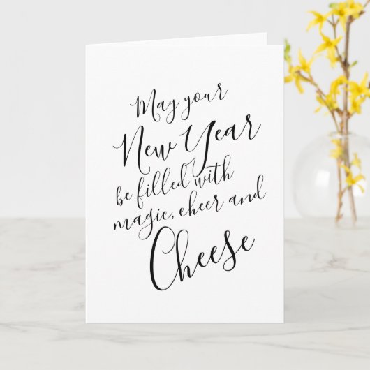 Carte Joyeuse Année noire typographie script (Fleur jaune)