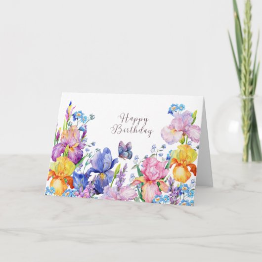 Carte Joyeuse aquarelle d'anniversaire Iris Fleurs et Ja (Devant)