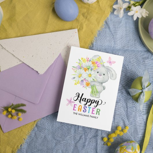 Carte Joyeuse aquarelle de Pâques Floral mignonne lapin