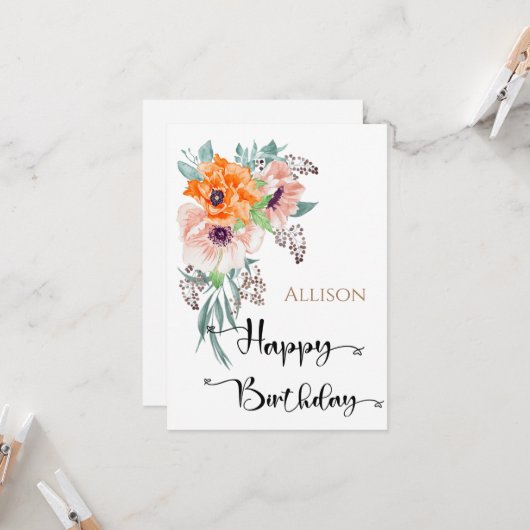 Carte Joyeuse aquarelle florale d'anniversaire (Devant/Arrière en situation)