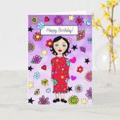Carte Joyeuse dame Whimsical d'anniversaire avec fleurs (Fleur jaune)