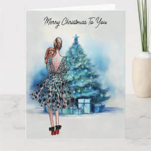 Carte Joyeuse femme de Noël et arbre de Noël bleu