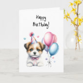 Carte Joyeuse fête de Cravate de marionnette rose Woof B (Fleur jaune)